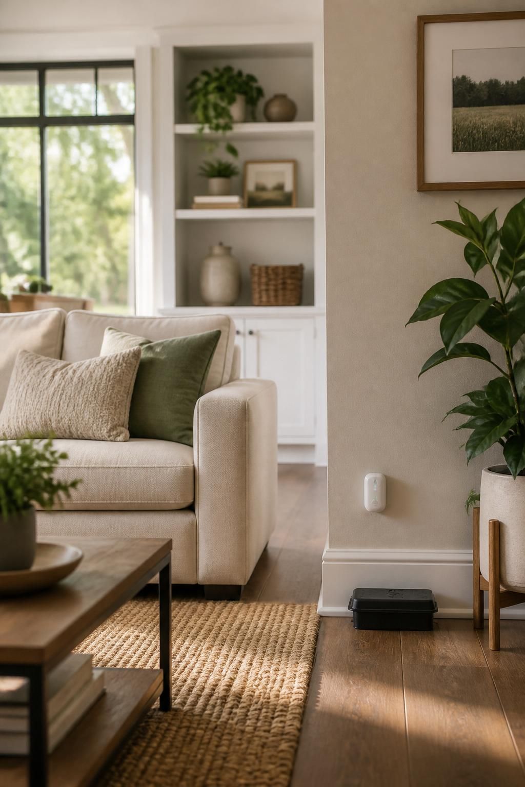 An inviting living space with clean finishes and subtle pest protection details.