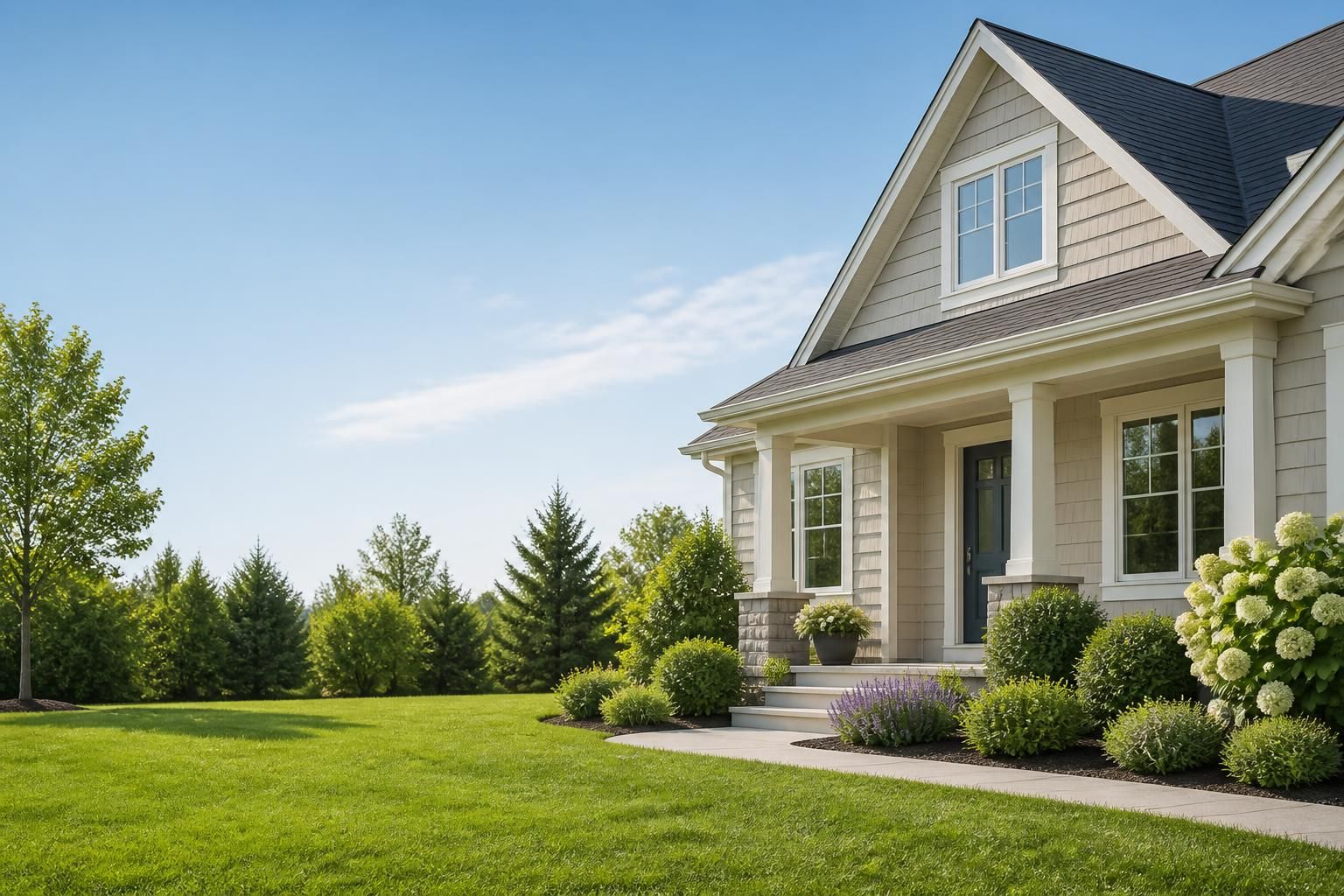 A calm, well-kept home exterior with open space for text.