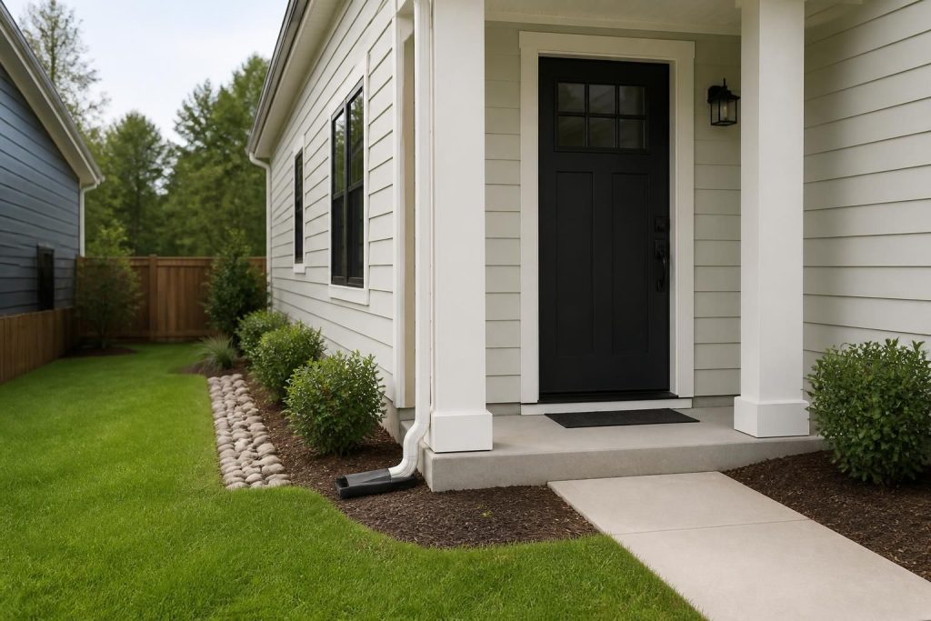 A clean modern home exterior with a tidy yard and subtle pest prevention details.